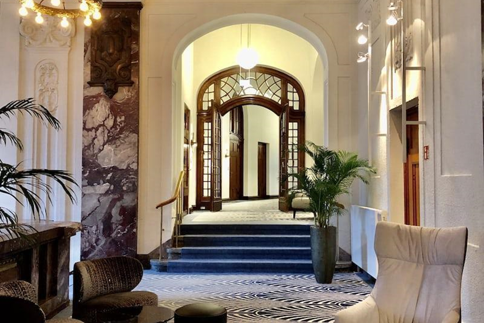 Hallway with beautiful pattered carpet