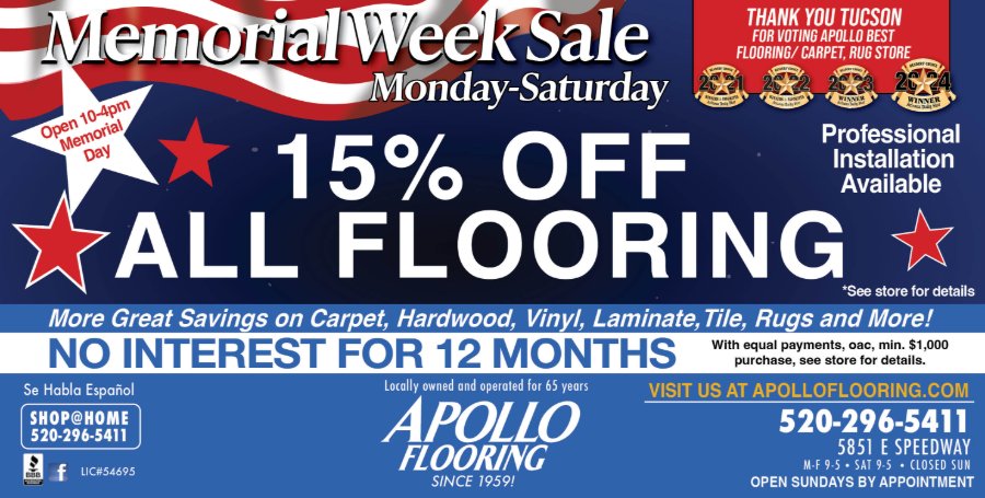 Apollo Flooring Memorial Day Sale 15% off flooring